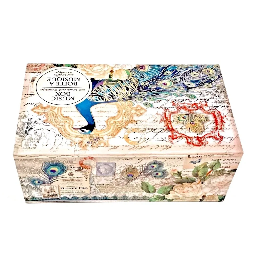 Punch Studio Floral Peacock Musical Keepsake Box Note Card Set (95960), 10 ct